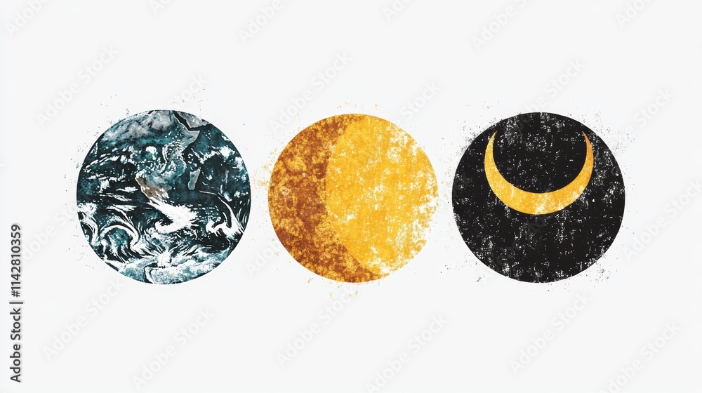 Sun and moon. Solar eclipse elements. Flat vector trendy illustration isolated on white background. Sun and moon. Solar eclipse elements. Flat vector trendy illustration isolated on white background.