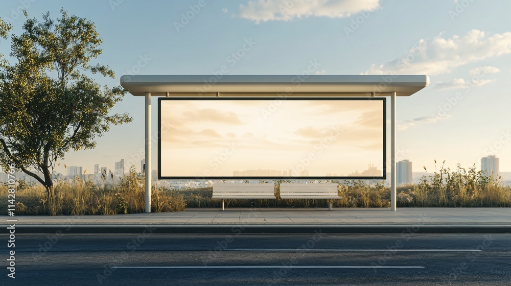 Modern bus stop with a blank advertising panel in an urban setting during sunset. Modern bus stop with a blank advertising panel in an urban setting during sunset.