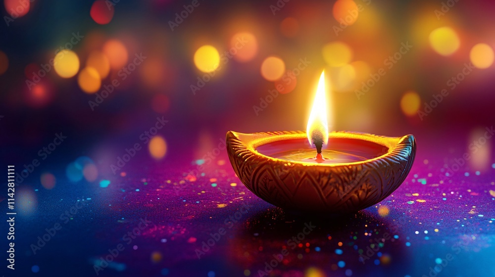 A beautifully crafted clay diya shines brightly with a flickering flame against a colorful bokeh background. A beautifully crafted clay diya shines brightly with a flickering flame against a colorful bokeh background.