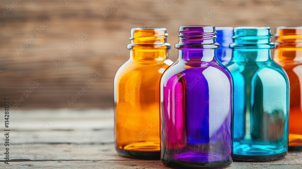 Colorful Glass Bottles on Rustic Wooden Background Colorful Glass Bottles on Rustic Wooden Background