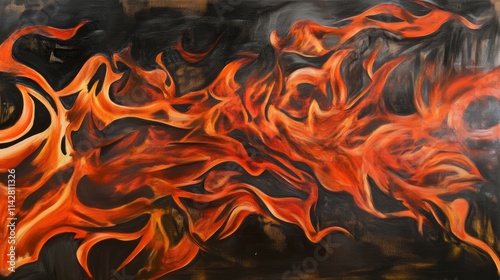 Dynamic streams of fiery red, molten orange, and deep charcoal tones swirl and erupt across the canvas like liquid fire. Chaotic, abstract patterns radiate intense energy and motion, resembling volcan photo