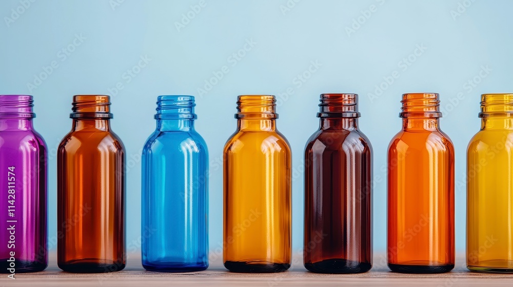 Colorful Glass Bottles Arranged in a Row on a Table Colorful Glass Bottles Arranged in a Row on a Table
