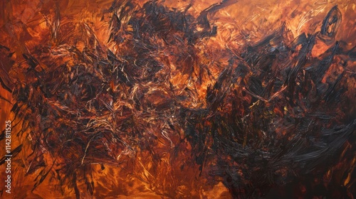 Dynamic streams of fiery red, molten orange, and deep charcoal tones swirl and erupt across the canvas like liquid fire. Chaotic, abstract patterns radiate intense energy and motion, resembling volcan photo