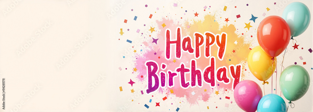 Happy Birthday Text with Balloons and Confetti on a Soft Background Happy Birthday Text with Balloons and Confetti on a Soft Background