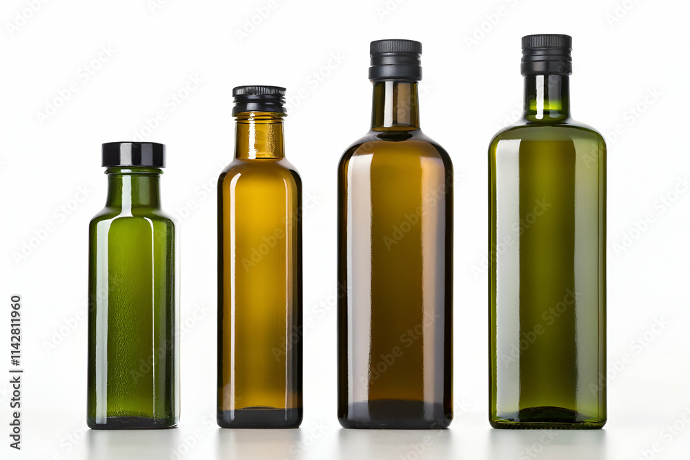 A collection of four glass bottles in varying sizes and shades of green, showcasing elegant designs ideal for oils or liquids. A collection of four glass bottles in varying sizes and shades of green, showcasing elegant designs ideal for oils or liquids.