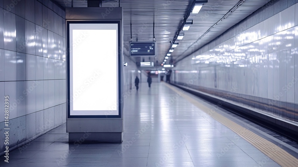 Fototapeta premium A spacious subway station with a large blank advertisement panel, evoking a sense of tranquility and modernity.