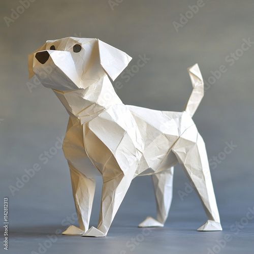 Origami paper dogs in various colors and lifelike postures, intricately crafted with realistic folds, showcasing handmade paper art and creative precision against clean and natural backgrounds. photo