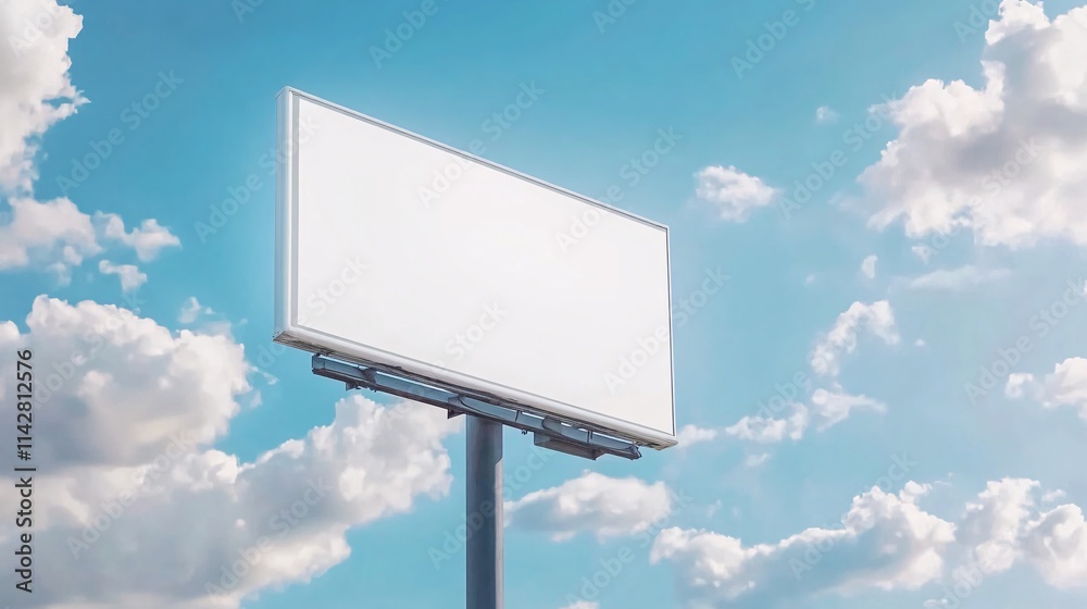 A blank billboard against a bright blue sky with fluffy white clouds, symbolizing potential and opportunity. A blank billboard against a bright blue sky with fluffy white clouds, symbolizing potential and opportunity.