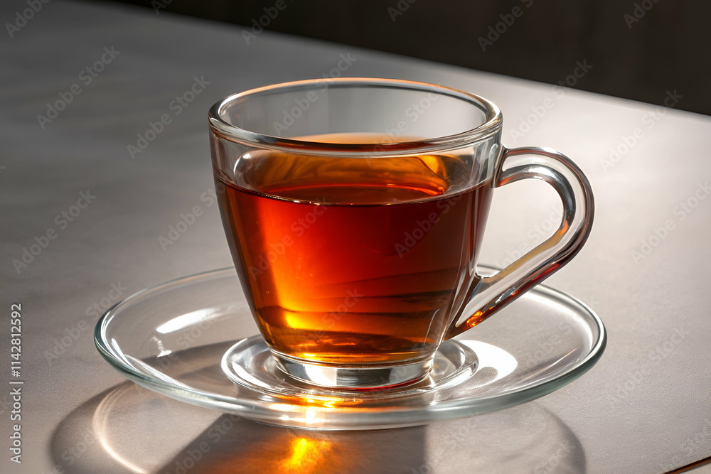 A clear glass cup filled with amber tea rests on a saucer, showcasing its rich color against a softly lit background. A clear glass cup filled with amber tea rests on a saucer, showcasing its rich color against a softly lit background.