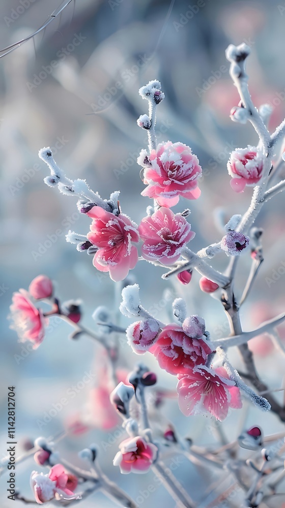 Frosty pink flowers on branches in winter. Frosty pink flowers on branches in winter.