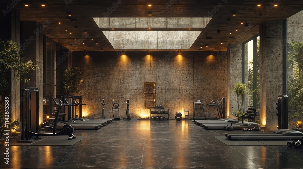 Luxurious, modern gym with concrete walls, large windows, and ambient lighting.