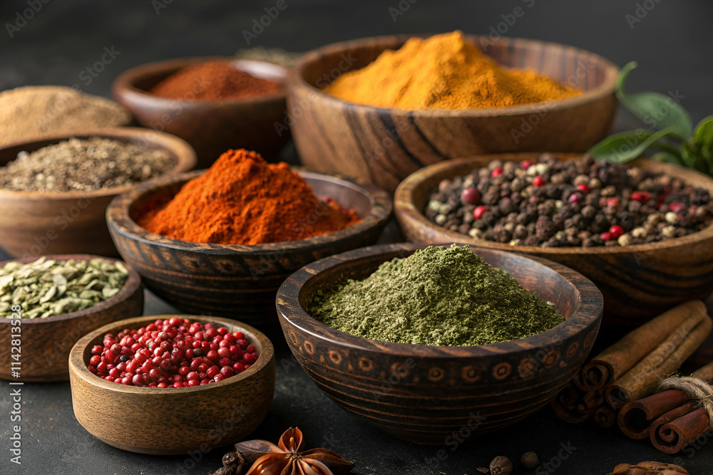 A vibrant display of various spices in wooden bowls, showcasing an array of colors and textures, perfect for culinary inspiration. A vibrant display of various spices in wooden bowls, showcasing an array of colors and textures, perfect for culinary inspiration.