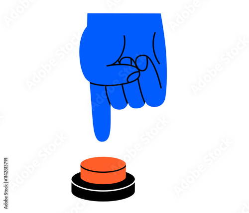 Hand drawn cute cartoon illustration hand pressing emergency warning red button. Danger alarm pressbutton. Flat vector problem caution sign doodle. Stop signal. Launch or start. Isolated.
