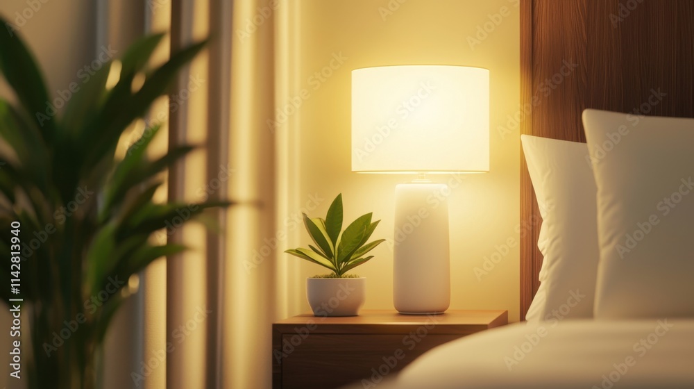 Modern bedroom interior at evening time with night table with lighting lamp, green plant in pot and wooden bed with white linen