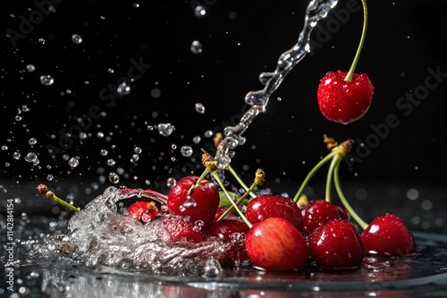 Fresh cherries splash in water against a dark background, creating a vibrant and dynamic visual appeal.