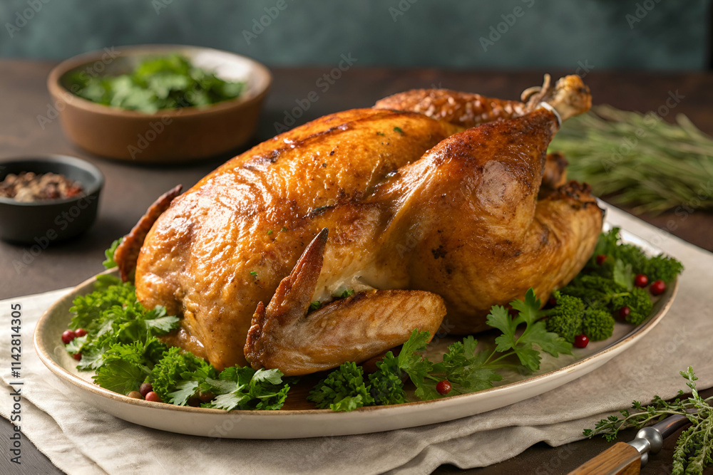 A beautifully roasted turkey garnished with fresh herbs, served on a platter over a bed of greens, perfect for festive occasions. A beautifully roasted turkey garnished with fresh herbs, served on a platter over a bed of greens, perfect for festive occasions.