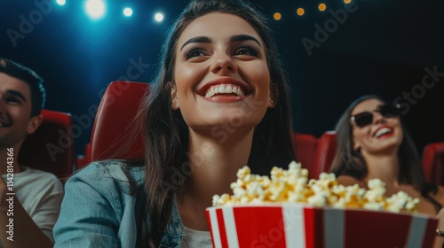 Cinema background. Young woman sitting in movie theater with bucket of popcorn and watching a movie