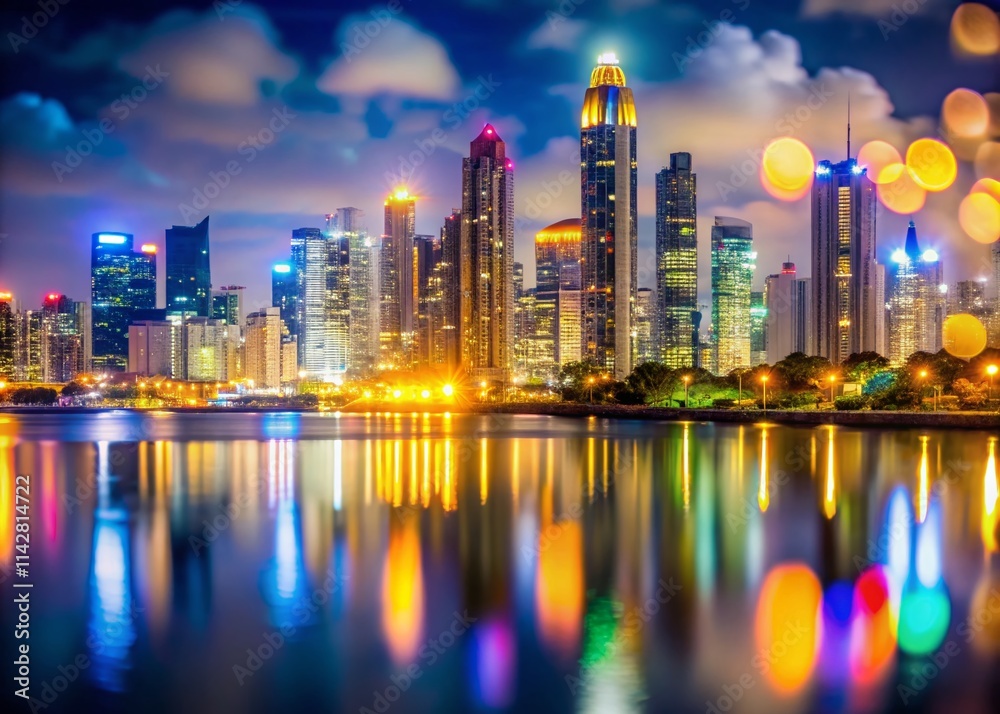 Fototapeta premium Panama City Night Skyline Bokeh, Panama Cityscape Photography, Panoramic City View, Bokeh Lights, Urban Night Photography, Amazing Panama City