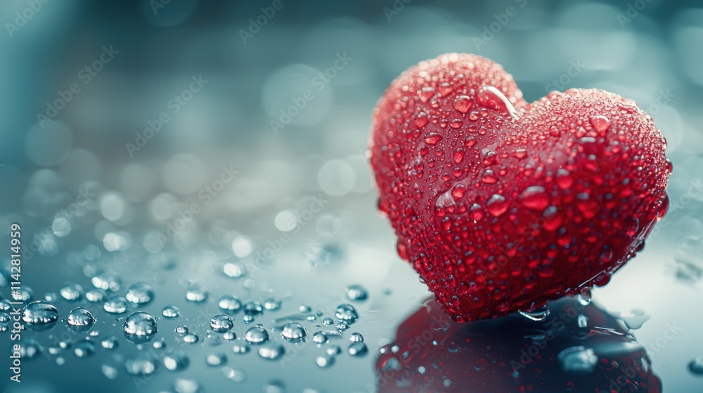 Red heart with water droplets on blue gray background. Love symbol. Happy Valentine day card Red heart with water droplets on blue gray background. Love symbol. Happy Valentine day card