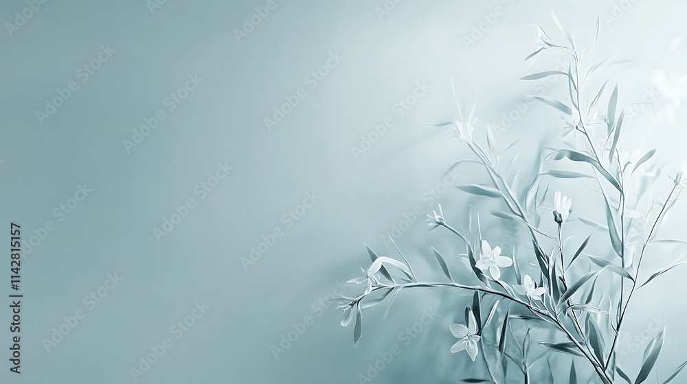 Naklejka premium Delicate White Flowers and Leafy Branches Against a Soft Blue Background