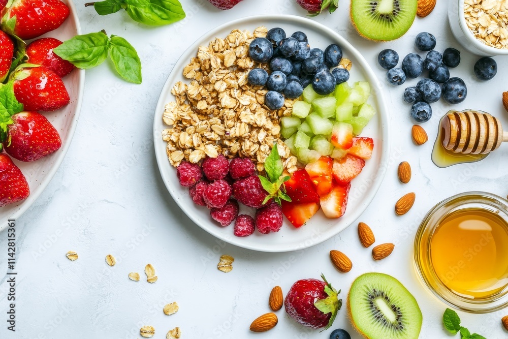 Flat lay of fresh fruits and granola with honey on a white background, a healthy breakfast concept. National Almond Day. Flat lay of fresh fruits and granola with honey on a white background, a healthy breakfast concept. National Almond Day.