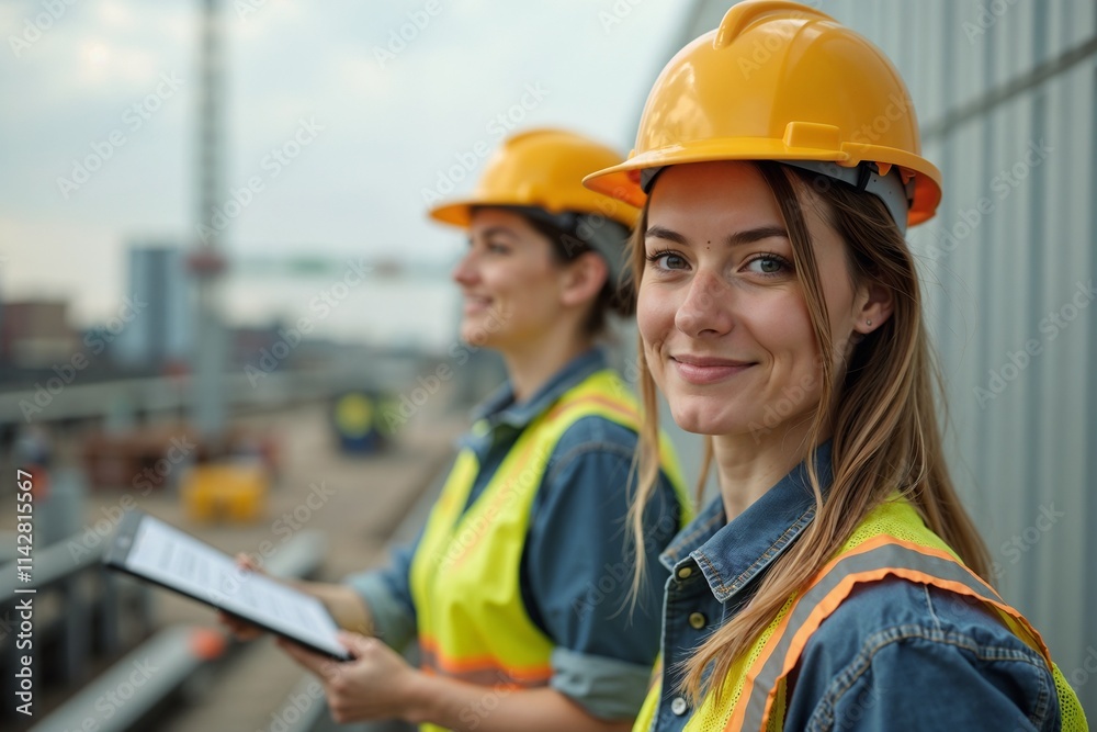 Women in hard hats with vests smiling on a construction site with a clipboard Women in hard hats with vests smiling on a construction site with a clipboard