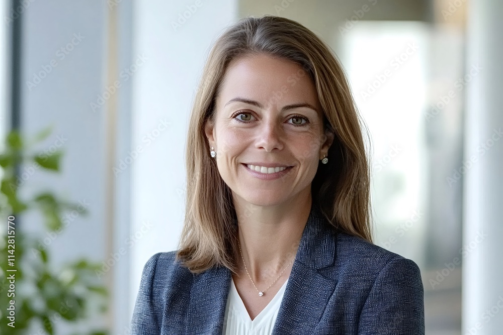 Confident businesswoman smiling while standing in a modern office environment, conveying professionalism and success in the corporate world Confident businesswoman smiling while standing in a modern office environment, conveying professionalism and success in the corporate world