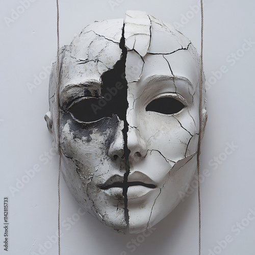 Cracked and weathered mask with abstract streaks and dramatic textures, featuring bold contrasts, shadow effects, and conceptual art design symbolizing mystery, decay, and emotion. photo