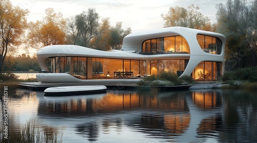 Futuristic lake house design featuring stunning mountain and water views image