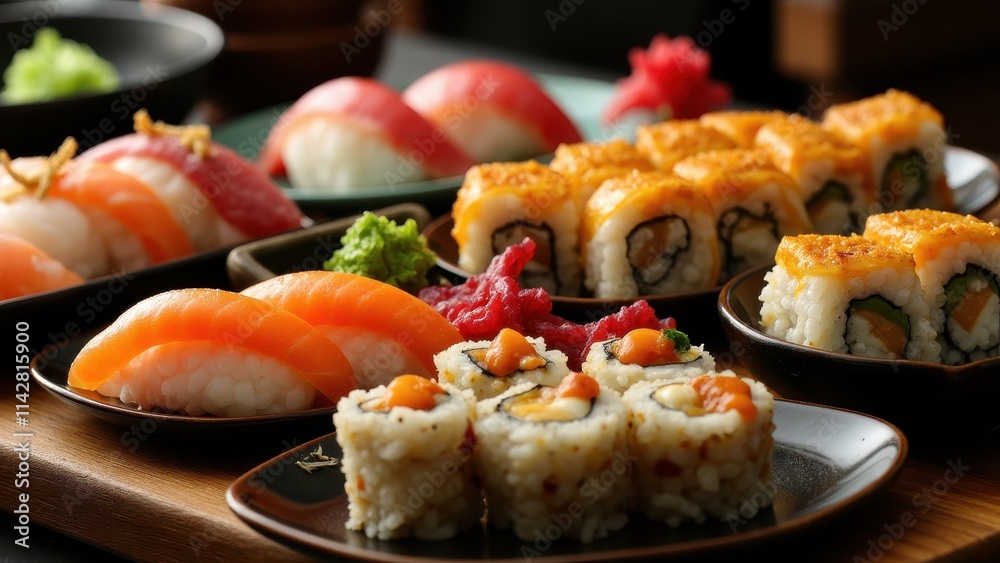 A colorful table with freshly prepared sushi rolls, garnished with wasabi, pickled ginger, and soy sauce in elegant ceramic dishes A colorful table with freshly prepared sushi rolls, garnished with wasabi, pickled ginger, and soy sauce in elegant ceramic dishes