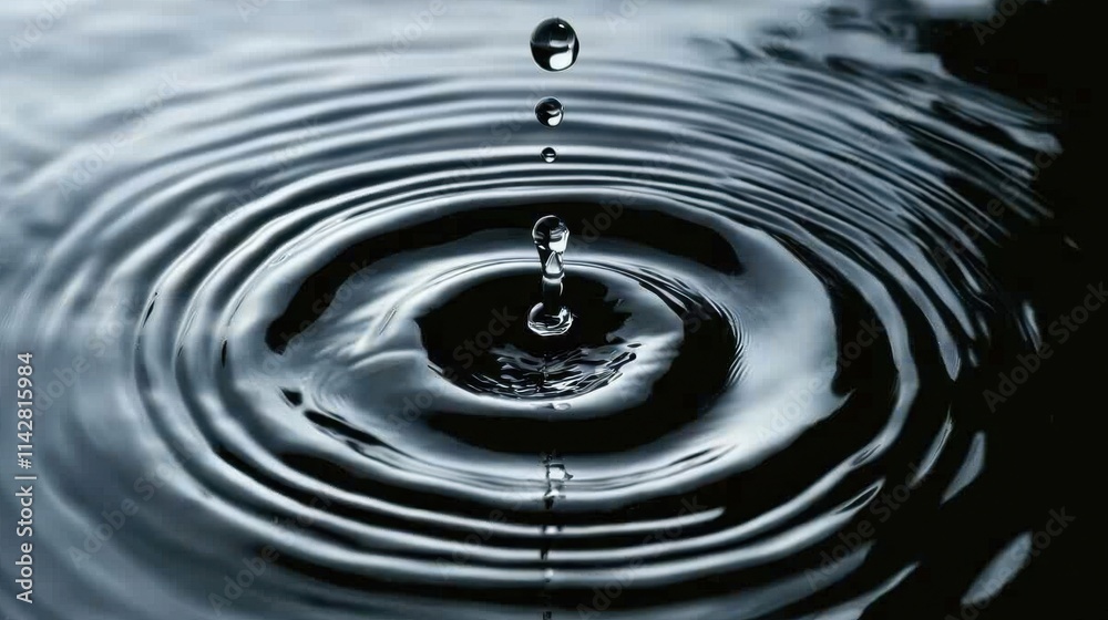 Water drop falling to liquid surface and creating splashes and ripple. Transparent droplet suspended above calm surface. Fluid dynamics and serene simplicity Water drop falling to liquid surface and creating splashes and ripple. Transparent droplet suspended above calm surface. Fluid dynamics and serene simplicity