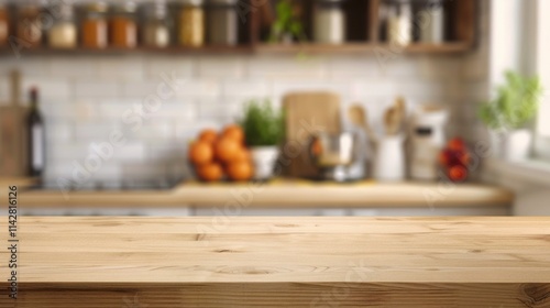 Wooden table in modern kitchen with blurred background. Wood rustic counter for product display, showcasing bright and clean interior design, ideal for cooking and home lifestyle