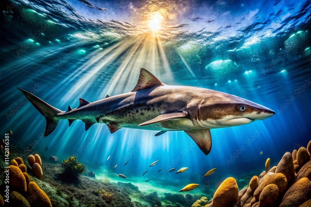 Naklejka premium Panoramic Big Dogfish: Ocean Depth, Shark, Marine Life, Underwater Photography, Wide Angle, Fish, Wildlife, Sea, Aquatic, Nature, Ocean, Seascape, Underwater World, Big Dogfish Photo