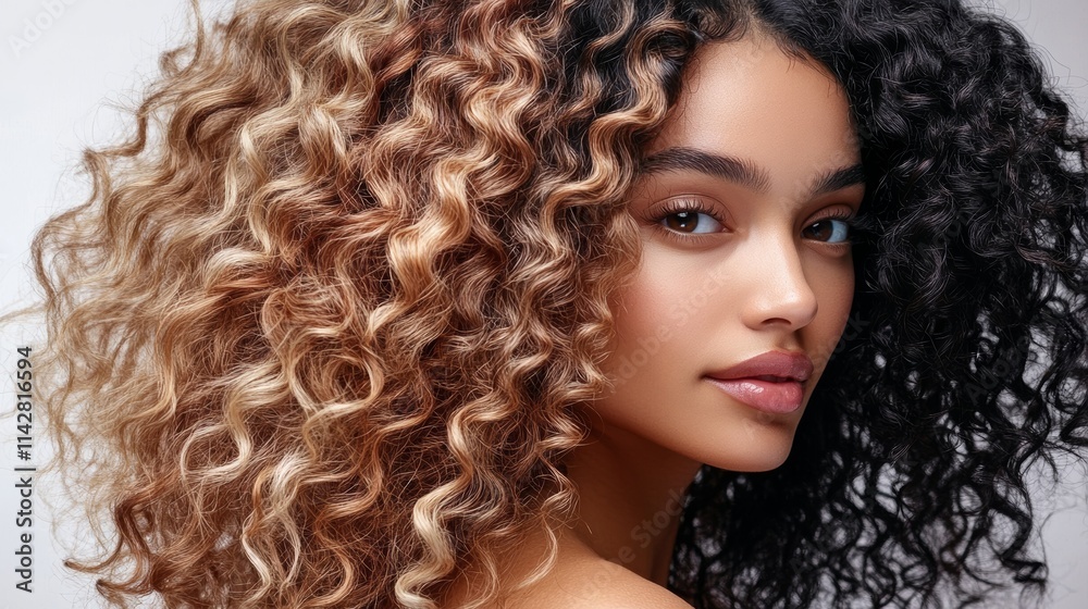 Haircare, back and beauty of woman with curly hair in studio isolated on a brown background. Texture, growth and female model with salon treatment for hairstyle, balayage or extensions and highlights Haircare, back and beauty of woman with curly hair in studio isolated on a brown background. Texture, growth and female model with salon treatment for hairstyle, balayage or extensions and highlights