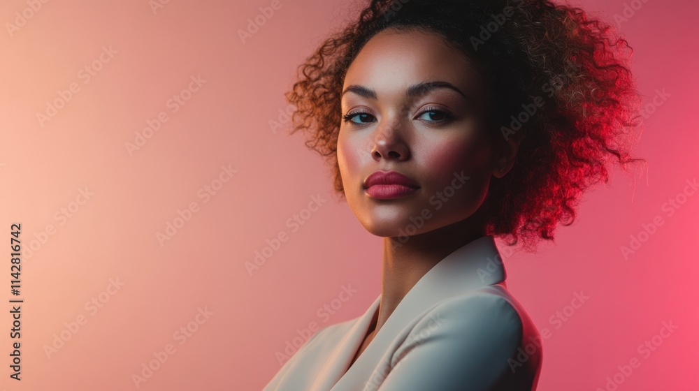 African American confident business woman with curly black hair in suit. Black young female photo fo Womens Day and Black history month