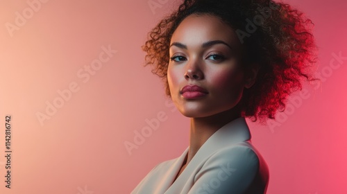 African American confident business woman with curly black hair in suit. Black young female photo fo Womens Day and Black history month