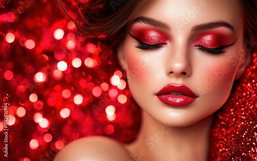 Close-up of a woman with glamorous evening makeup on a vibrant red festive background