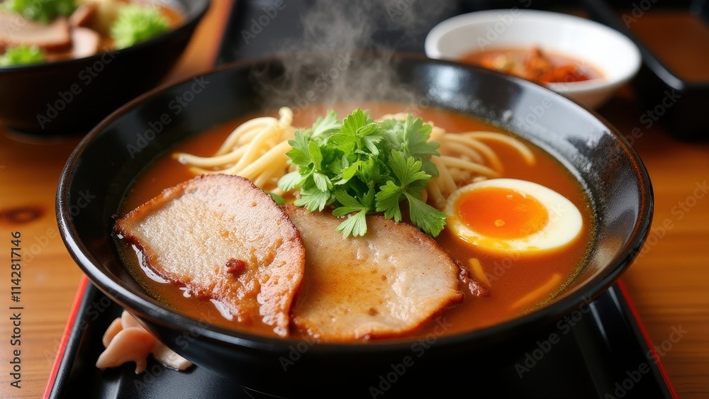 A steaming bowl of authentic Japanese ramen with rich broth, sliced pork, soft-boiled egg, and vibrant toppings in a traditional setting A steaming bowl of authentic Japanese ramen with rich broth, sliced pork, soft-boiled egg, and vibrant toppings in a traditional setting