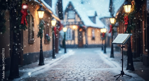 Wallpaper Mural Snow-covered street decorated for Christmas with streetlights and open book on stand Torontodigital.ca