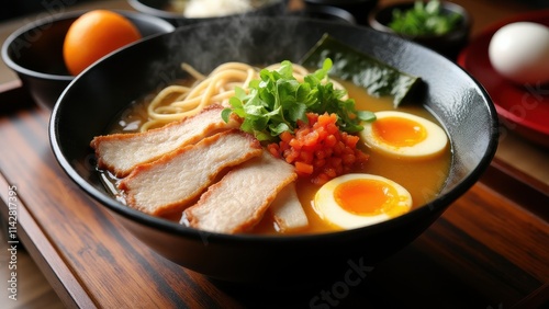 A steaming bowl of authentic Japanese ramen with rich broth, sliced pork, soft-boiled egg, and vibrant toppings in a traditional setting