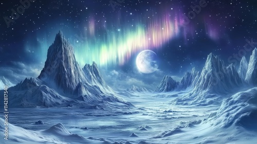 Frozen Wonderland: A breathtaking view of an alien landscape, where towering snow-capped mountains stand beneath an ethereal aurora borealis.