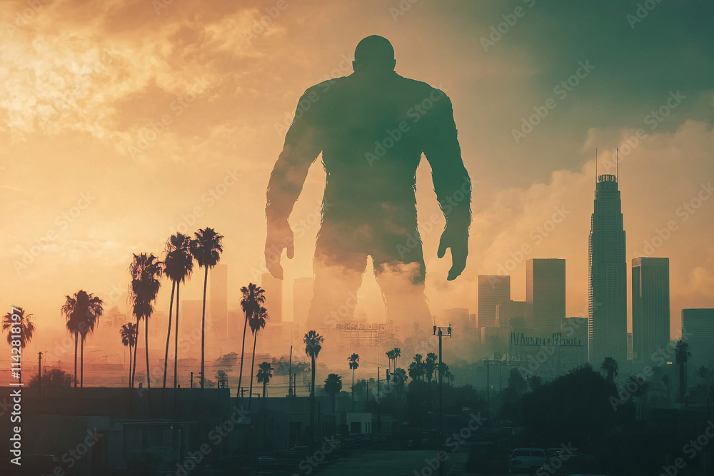 Fototapeta premium A colossal giant figure standing over a city skyline at sunset, creating a dramatic and surreal scene 