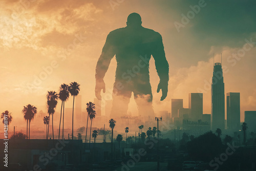 A colossal giant figure standing over a city skyline at sunset, creating a dramatic and surreal scene
