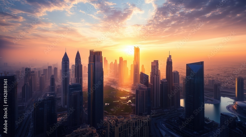 Fototapeta premium Golden Hour Metropolis: A breathtaking panorama of a modern city skyline bathed in the warm glow of sunrise, with towering skyscrapers casting long shadows against the vibrant sky.