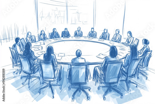 a blue sketch-style illustration of a round table meeting with participants engaged in discussion symbolizing teamwork and collaboration
