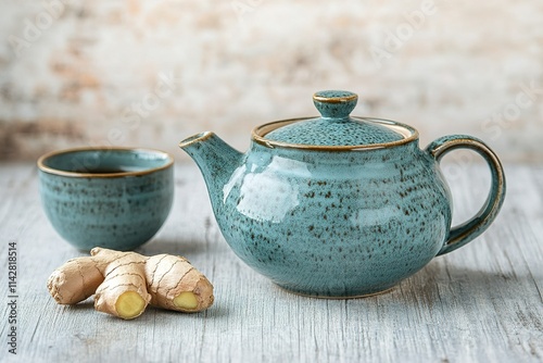 Teapot and cup of tea with ginger on light wooden background photo