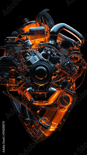 Mechanical heart made of intricate gears, pipes, and metal components, featuring industrial steampunk design, futuristic concept art, and detailed machinery symbolizing innovation and technology. photo