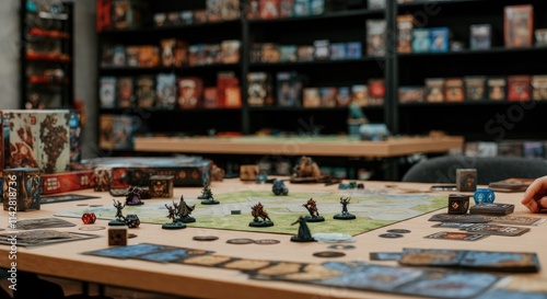 Tabletop game with miniatures, dice, cards, and strategy in hobby store setting