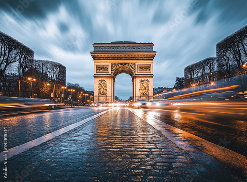 Striking night view of Arc de Triomphe with light trails in Paris. photo