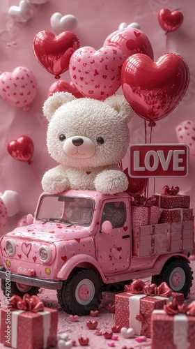 Valentine's day teddy bear in pink truck with heart balloons and gifts